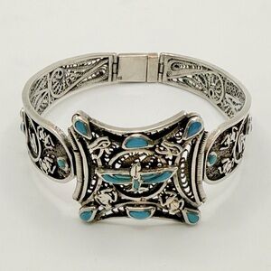 Vintage Egyptian Revival Art Deco Turquoise 800 Silver Filligree Bracelet 7 in